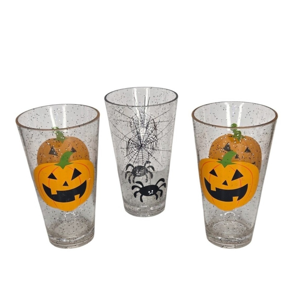 Halloween Acrylic Drinking Glasses Set Of 3 Pumpkins Spiders Web‎